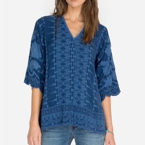 Johnny Was 3/4 Length Sleeve A-Line Blue Embroidered Hakaru Tunic L-XL